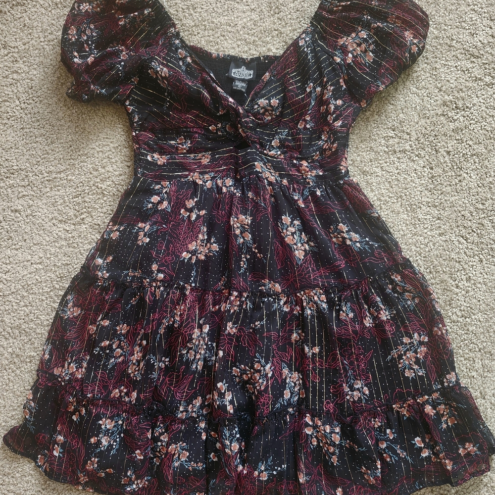 Angie Dark Romance Mini Dress Size L Puff Sleeve Black Gold Floral Print Keyhole